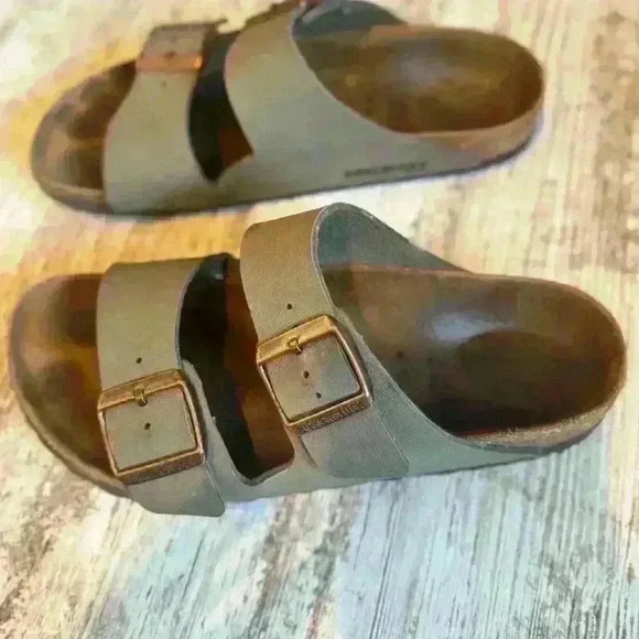 Birkenstock Arizona big buckle gray & leather‎ slides women’s size 6 - Picture 3 of 6